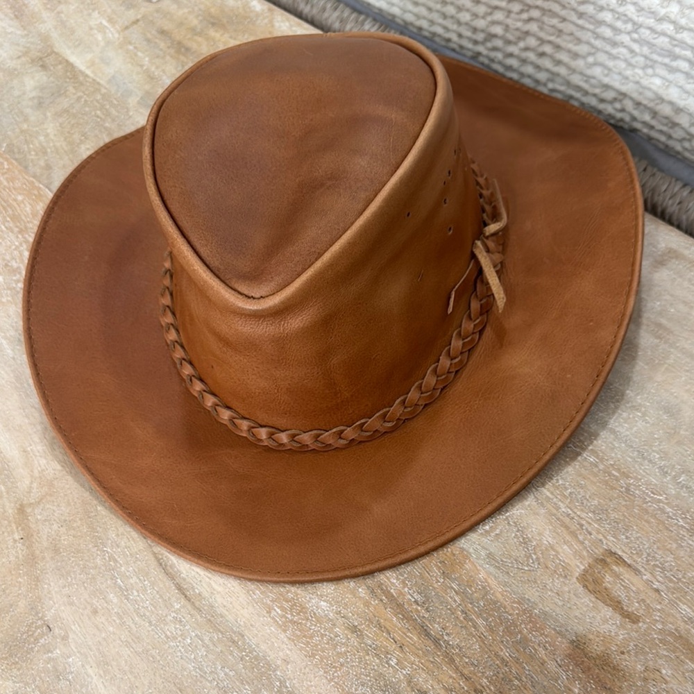 Classic Leather Cowboy Hat with Braided Band - Tan